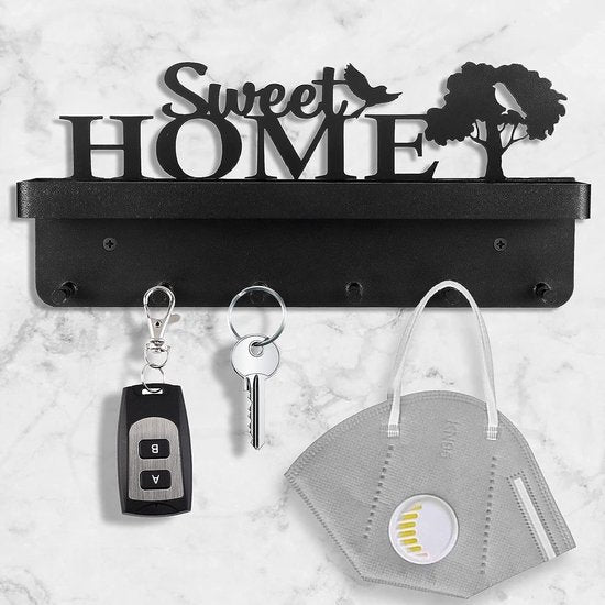 Sweet Home Sleutelrek met plank, zelfklevend sleutelbord, 6 haken, decoratieve sleutelhouder, ophanging, wooncultuur voor entree, mudroom, hal, keuken, kantoorpatent