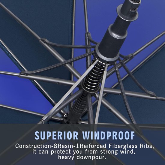 Winddichte paraplu, grote, XL golfparaplu met automatisch openen/sluiten voor mannen en vrouwen, reisparaplu met draagriem (donkerblauw)