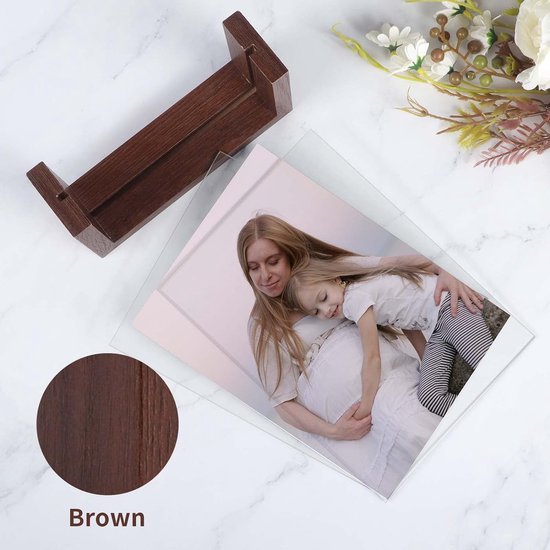 Dubbelzijdige fotolijst 20 x 25 cm van glas met een bruine houten onderlegger voor tafelblad, set van 2