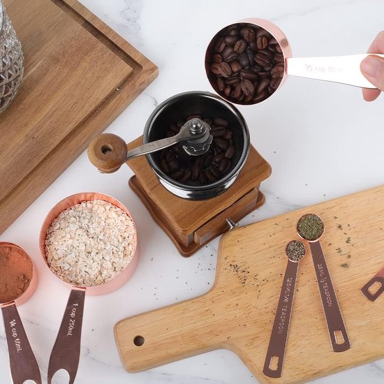 Maatbekers en maatlepels, 8 stuks, roestvrijstalen handgreep met metrische en Amerikaanse maten, goudgepolijst oppervlak, maatbeker voor droge en vloeibare ingrediënten, voor bakken en