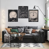 Tarot Wandtapijt, set wandtapijten, zon, maan, ster, wanddoek met nagels, katoenen linnen, natuurlijke wandbekleding, sterrenbeeld, wanddecoratie, voor woonkamer, zwart-wit, 40 x 50 cm