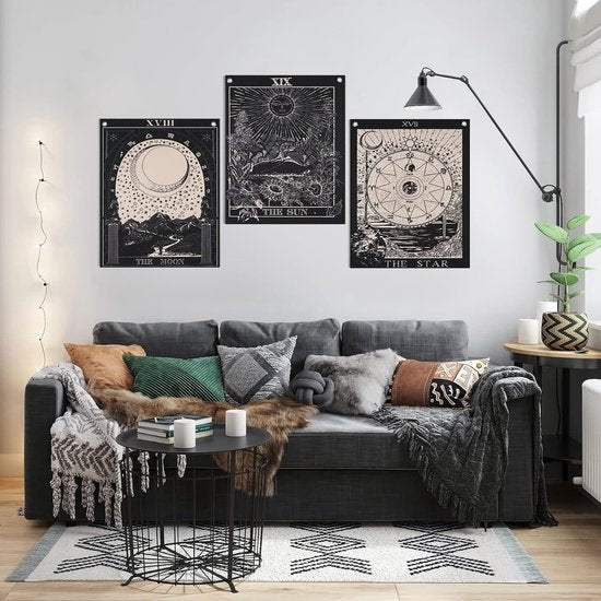 Tarot Wandtapijt, set wandtapijten, zon, maan, ster, wanddoek met nagels, katoenen linnen, natuurlijke wandbekleding, sterrenbeeld, wanddecoratie, voor woonkamer, zwart-wit, 40 x 50 cm