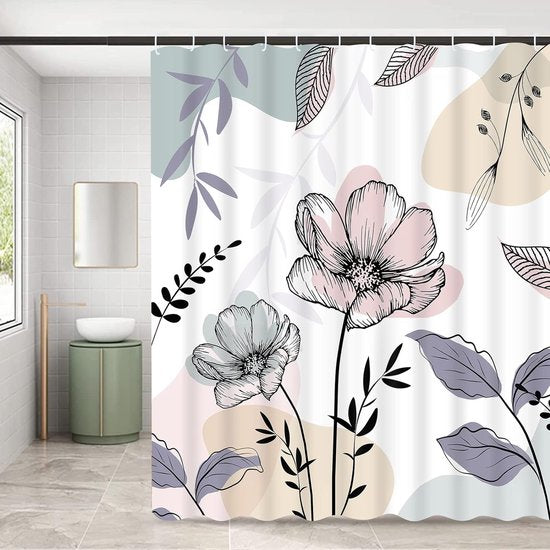 Waterproof Polyester Fabric Shower Curtain Anti-Mould Washable Flowers Shower Curtains with 12 Shower Curtain Rings, Bath Curtain with Weighted Hem for Shower Bathroom 175 x 178 cm