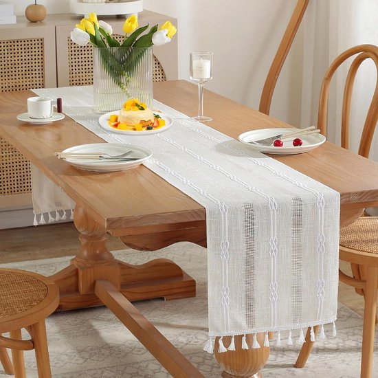 Tafelloper Boho, macramé tafelloper landhuisstijl table runner met kwastjes, tafelloper voor decoratie boho, bruiloft, bruidsdouche, eettafel decor, feesten, dessert tafeldecoratie (beige