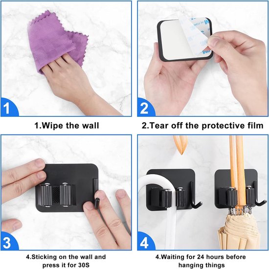 Bezemhouder, wandhouder, zelfklevend, bezemhouder, tuingereedschaphouder enz., voor binnen- en buitenlichaam, roestvrij staal, onafhankelijke doorn met haken (4 stuks), zwart