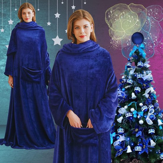 Cuddly Blanket with Sleeves and Pockets, Gifts for Boyfriend, Birthday Gifts for Men, TV Blanket, 150 x 200 cm (Blue)