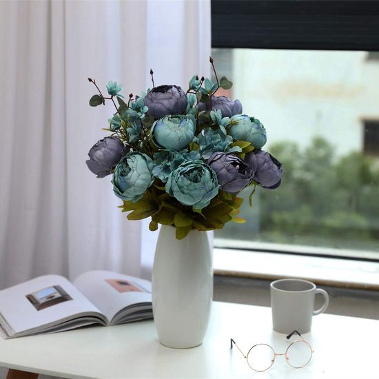 Kunstmatige pioenrozen - bloemhoofden, realistische zijden pioenrozen - vintage bloemen/bloemstuk voor thuis, bruiloft, kantoor, party, decoratie, 2 stuks (blauw)