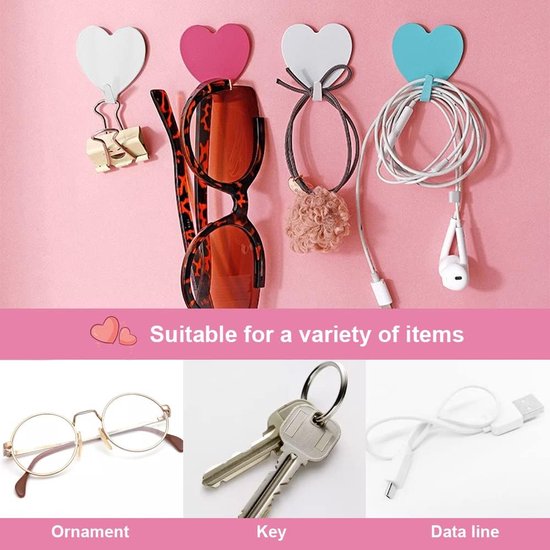 12 stuks zelfklevende haken, roestvrij staal, zelfklevende haken, kledinghaken, wandhaken, garderobehaken, kleurrijke plakhaken, hartvorm, wandhaken, zelfklevend, waterdicht zonder boren, kledinghaken, wandhaken, plakken