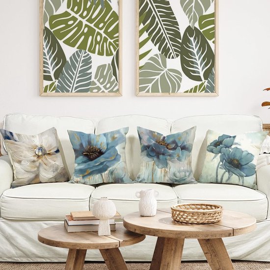 Bloemen Kussenhoes, 50 x 50 cm, set van 4 outdoor kussens, sierkussens, linnen, kussenhoezen, moderne abstracte bloemen kussenhoezen voor bank, woonkamer, sierkussen