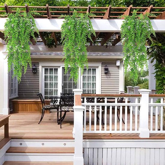 4 stuks hangende kunstplanten, 80cm kunstmatige hangende planten, nep klimop wijnstok, nep Boston groene plant plastic planten, voor muur, balkon, tuin, bruiloft, binnen, buiten, feest, decoratie (varen groene bladeren)