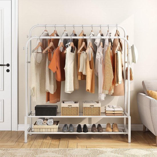 Kledingrek met 2 kledingstangen, kapstok van metaal met 2 lagen vloerplanken en 4 haken, tassen en schoenen opbergen, geschikt voor slaapkamer en woonkamer