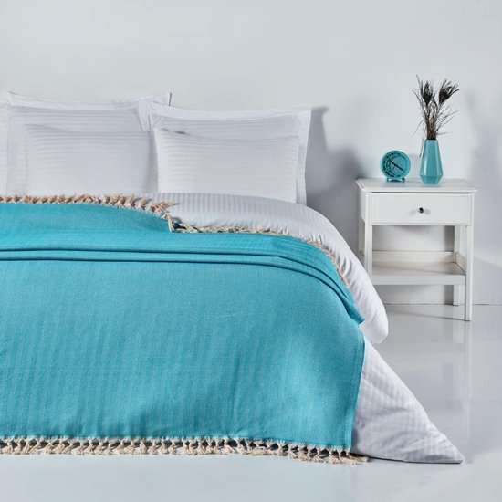 Sprei en bankovertrek - zeer grote sprei (200 x 240 cm) 100% katoen - voor bank, tweepersoonsbed en eenpersoonsbed - boho decoratieve plaid - turquoise