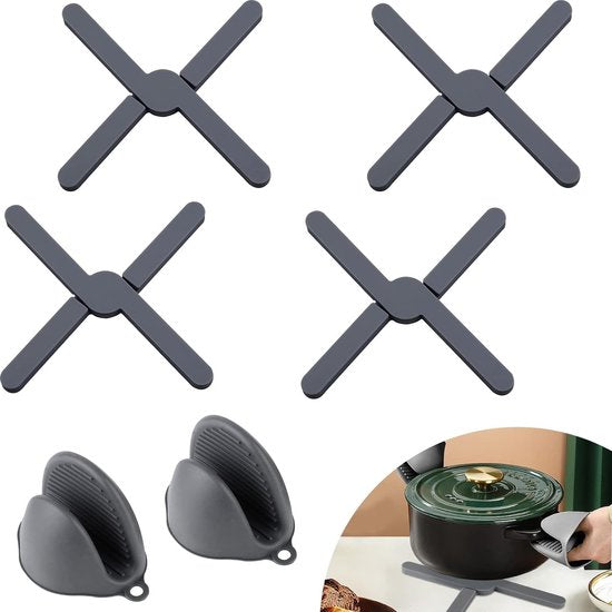 4 x siliconen pannenonderzetters, hittebestendige pannenonderzetters, opvouwbaar met ovenhandschoenen, pannenlap, hittebescherming, hete pannenlap, onderzetter voor potten, hete pannen schalen, zwart
