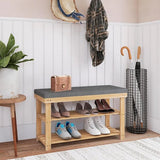 Schoenenbank, bamboe schoenenrek met kussen, schoenenkast met bank, schoenenrek met 3 vakken, stabiel staand rek, ideaal voor entree, badkamer, woonkamer, hal, natuurlijk