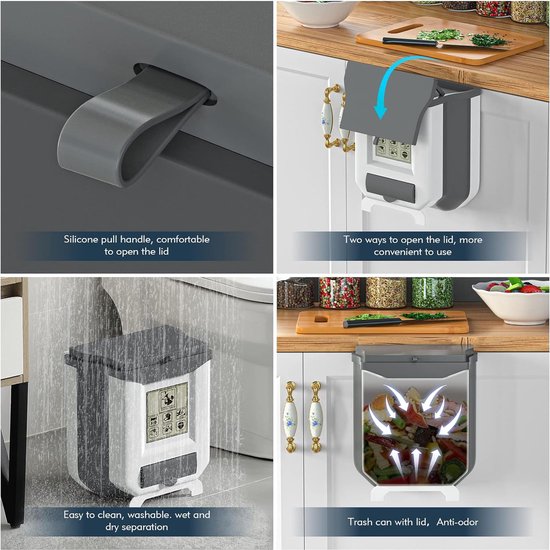 Opvouwbare hangende afvalemmer met deksel, keuken, camping, opvouwbare afvalemmer, keuken, afvalemmer, ophangbaar voor keuken/camping/auto/badkamer/kantoor/slaapkamer (grijs)