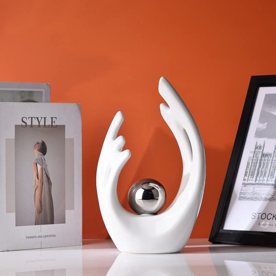 Witte abstracte keramische beelden en sculpturen, witte en zilveren keramische kunstbeelden, moderne woondecoratie voor woonkamer, eettafel, salontafel, plank, entree, desktopsculptuur voor thuis, woondecoratie