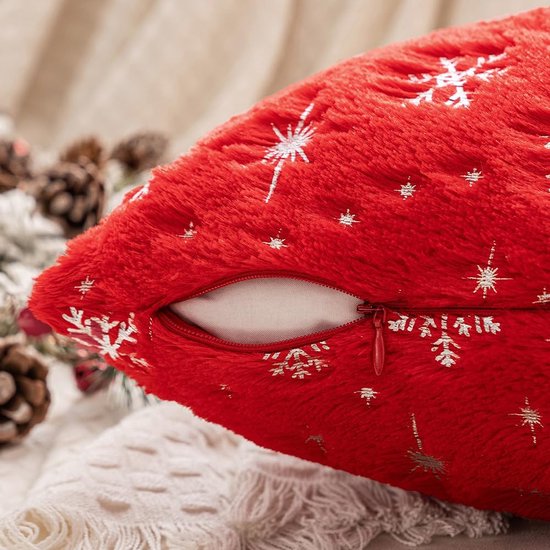 Kerstkussenhoezen, knuffelkussen, pluizige sneeuwvlokken, decoratief kussen, bankkussen, pluche kussen, bontkussen, bankkussenhoes voor woonkamer, 40 x 40 cm, rood set van 2