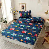 Hoeslaken van 100% polyester, voor kinderen, met cartoonprint, geschikt voor een boxspringbed, zacht hoeslaken, matrasbeschermer voor beddengoed, geschikt voor matrassen tot 30 cm hoog (blauwe auto, inclusief 2 kussenslopen).