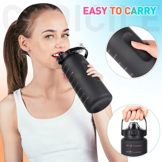 Drinkfles, 3 stuks, 2 l, 700 ml, 300 ml, lekvrij, 2 liter drinkfles met rietje, BPA-vrij, sportfles met tijdmarkering voor fiets, fitness, wandelen, outdoor