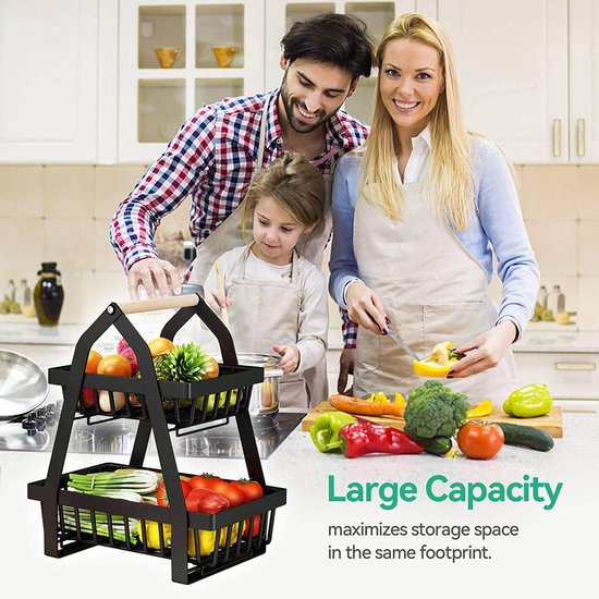 Fruitetagère voor 2 dieren, fruitschaal, fruitschaal, afneembare etagère, fruit, keukenopbergmand, groenterek, fruit, fruit, brood, snackmand (zwart)