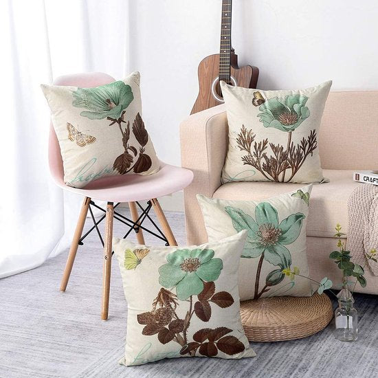 Kussenovertrek, decoratieve, 4-delige set van 45 x 45 cm linnen overtrekken, sierkussenovertrekken, voor de bank, auto, slaapkamer, thuis, ter decoratie, 45 x 45 cm