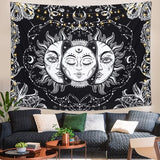 wanddoek tarottapijt, zon en maan wanddoek, esthetisch wandtapijt, psychedelisch wandtapijt zwart en wit muurhangend bohemien mandala wanddoek strandgooi 148 x 200 cm