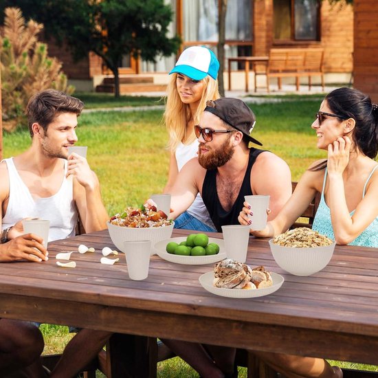 32-delige onbreekbare serviesset voor 8 personen, campingserviesset, kunststof borden en kommen, grill-serveerborden, kommen, kopjes, feestserviesset voor picknick, beige