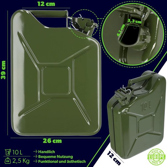KADAX - Retro jerrycan van 0,8 mm staal - jerrycan voor benzine en diesel, reservetank met drievoudige handgreep, stalen blikje - Groen, 10L