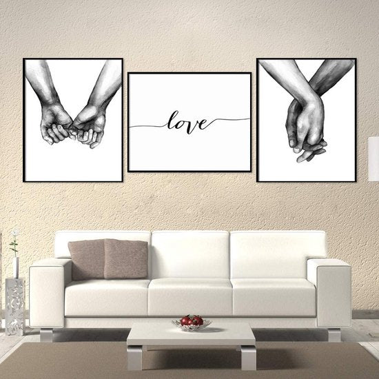 3-delige premium posterset, hand in hand, muurposterset, zonder lijst, wanddecoratie, afbeelding, woonkamer, slaapkamer, moderne beeldende kunst (50 x 70 cm)