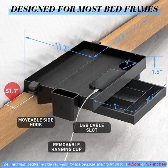 Opvouwbaar nachtkastje, bedplank, stapelbedplank voor studentenkamer, bedplank voor kinderen, met lade-bekerhouderhaak, 28,5 x 42 cm, zwart