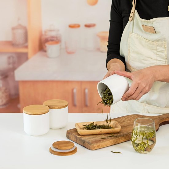 Voorraaddozen, keramiek, 3 stuks, koffieblik, zoutpot, koekjesdoos, keramische doos met houten deksel, 16 oz, voorraaddoos, theepot, suikerpot, zoutcontainer voor thuis, eetkamer, keuken, wit