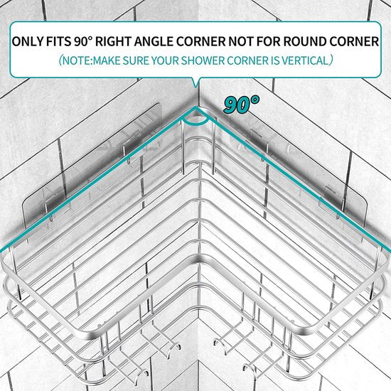 Hoek Douche Caddy 2 Pack, Geen Boren Douche Organizer Hoekplank voor Badkamer Bad, RVS Douche Caddy Hoekplank met 8 Haken en 6 Lijmen (Zilver)