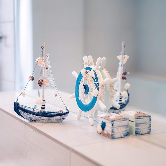 Maritieme badkamer decoratie set van 3 - stuurwiel, zeilschip en schatkist van hout - liefdevol vormgegeven badkameraccessoires met details (design 2-3)