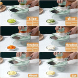 6-in-1 groentesnijder, uiensnijder, groenteschaaf, fruitsnijder, groentesnijder, handmatig, bloksnijder met 6 verwisselbare messen voor wortel, komkommer, aardappel, pompoen, courgette