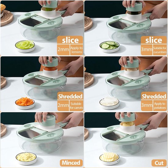 6-in-1 groentesnijder, uiensnijder, groenteschaaf, fruitsnijder, groentesnijder, handmatig, bloksnijder met 6 verwisselbare messen voor wortel, komkommer, aardappel, pompoen, courgette