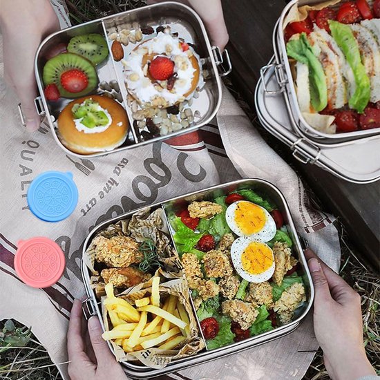 1-delige zilveren lunchbox met verdelers, 850 ml lunchbox, roestvrij staal en 2 stuks, 50 ml saladedressingcontainer, snackbox, roestvrijstalen sluiting voor picknicks, kamperen, scholen