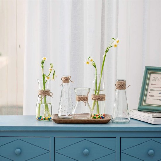 10 stuks heldere glazen bloemenvazen, glazen vazen Bud met touwdesign in verschillende unieke vormen, bloemenvaas middelpunt voor bruiloftsreceptie, bruidsreceptie, babyshower, feest.