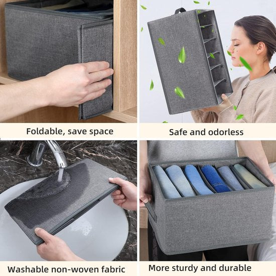 Grote versie van de jeans-organizer: verbeterde afmetingen: 36 x 27 x 20 cm, elk vak 26 x 20 x 6 cm, breder en groter vak voor volwassen jeans, jassen, broeken, overhemden, truien, enz