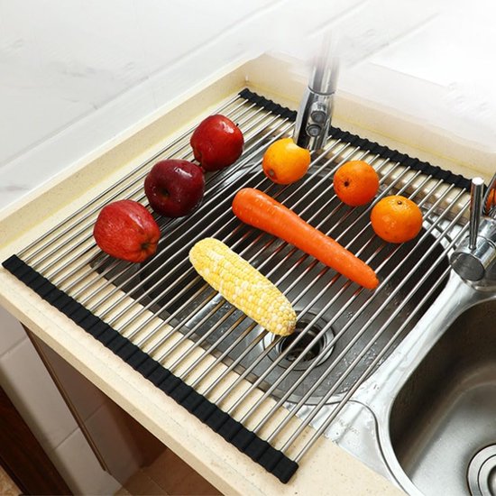 Roestvrij stalen afdruiprek, afdruiprek, afdruiprek, oprolbaar afdruiprek, inklapbaar en afneembaar, voor keuken, spoelbakken, fruit, groenten (43 x 40 cm)