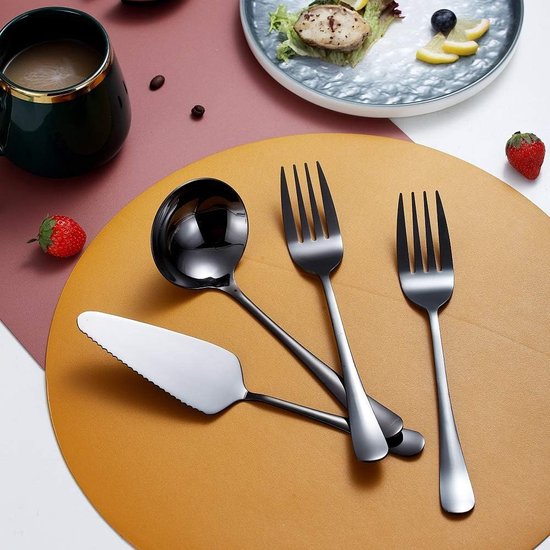 Zwarte 10-delige serveerbestekset, roestvrijstalen serveerset met gleufschep, opscheplepel, taartschep, serveervork, soeplepel