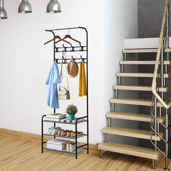 Gaderobe kapstok met haken, robuuste metalen kledingstandaard, kapstok met bank, multifunctioneel kledingrek voor de slaapkamer, kapstok met schoenenrek