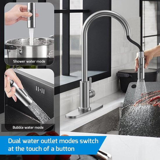 Keukenkraan met afneembare bodem, keukenkraan uitschuifbare mengkraan keuken, RVS warm koud keukenkraan G3/8'' aansluiting 360° draaibaar wastafelkraan met douche twee waterstraalsoorten