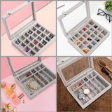 Organizer ring opbergdoos, sieradendoos grijs (24 vakken), fluwelen doos met glazen deksel, 20,2 x 15,1 x 4,6 cm, sieradendoos voor ringen, oorbellen, armbanden, hout, glas