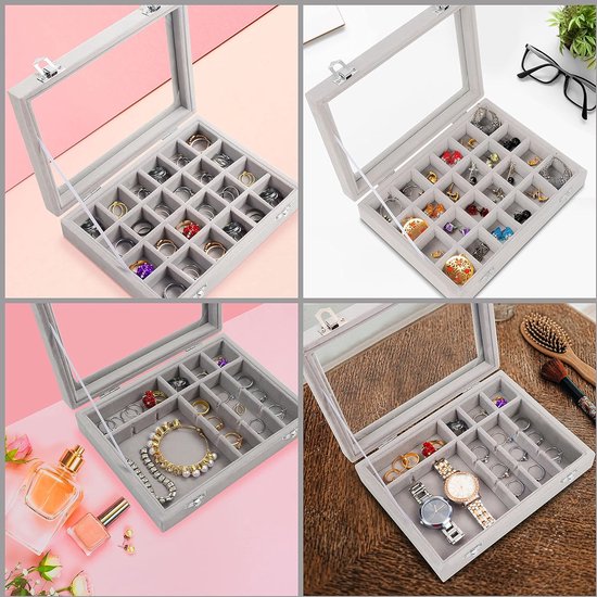 Organizer ring opbergdoos, sieradendoos grijs (24 vakken), fluwelen doos met glazen deksel, 20,2 x 15,1 x 4,6 cm, sieradendoos voor ringen, oorbellen, armbanden, hout, glas