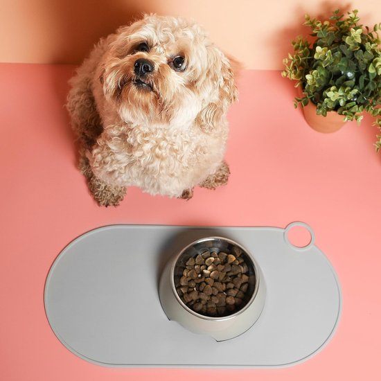 Siliconen bakmat voor katten en kleine honden, kattenbakonderlegger waterdicht, antislip voedermat met ophanglus, 49 x 25 cm, steengrijs