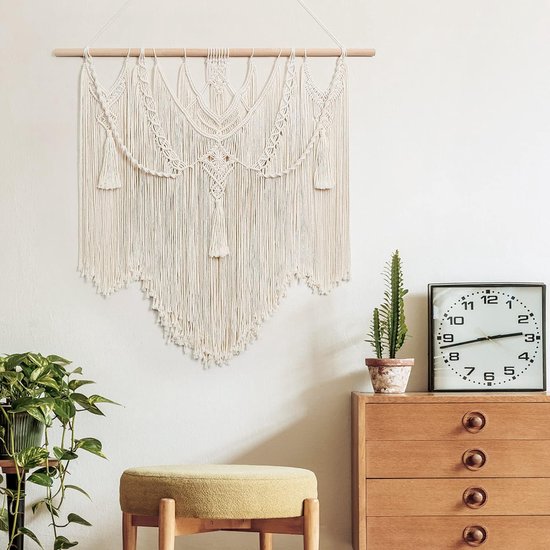 Macramé wandtapijt, boho-decoratie, groot handgeweven tapijt, slaapkamer, wanddecoratie, woonkamer, balkondecoratie, 90 x 90 cm (beige)