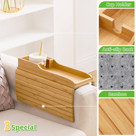 Natuurlijke bamboe bankbekerhouder, anti-val bankarmleuning, flexibele bankarmtafel, draagbare bankarmlade voor afstandsbediening/snacks/mobiele telefoon/drankjes/beker