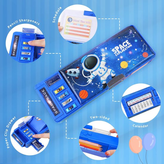 Pop-up multifunctionele etui voor jongens en meisjes, schattig cartoonpatroon etui met puntenslijper, whiteboard, beste verjaardagscadeau, blauw, plastic pennenbakje