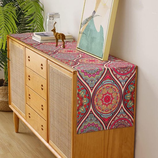 Boho-stijl - boho tafelloper bont ornament commode tafelloper voor restaurants, bruiloften, tafelkleden, tuintafel van linnen katoen - 33 x 183 cm