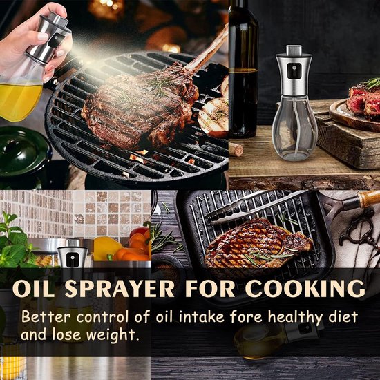Oliesproeier voor spijsolie, spuitfles, olie, glas, roestvrij staal, oliespray voor het koken, olijfolie, oliedispenser, verstuiver, oliespray, levensmiddelecht, caloriearm, voor